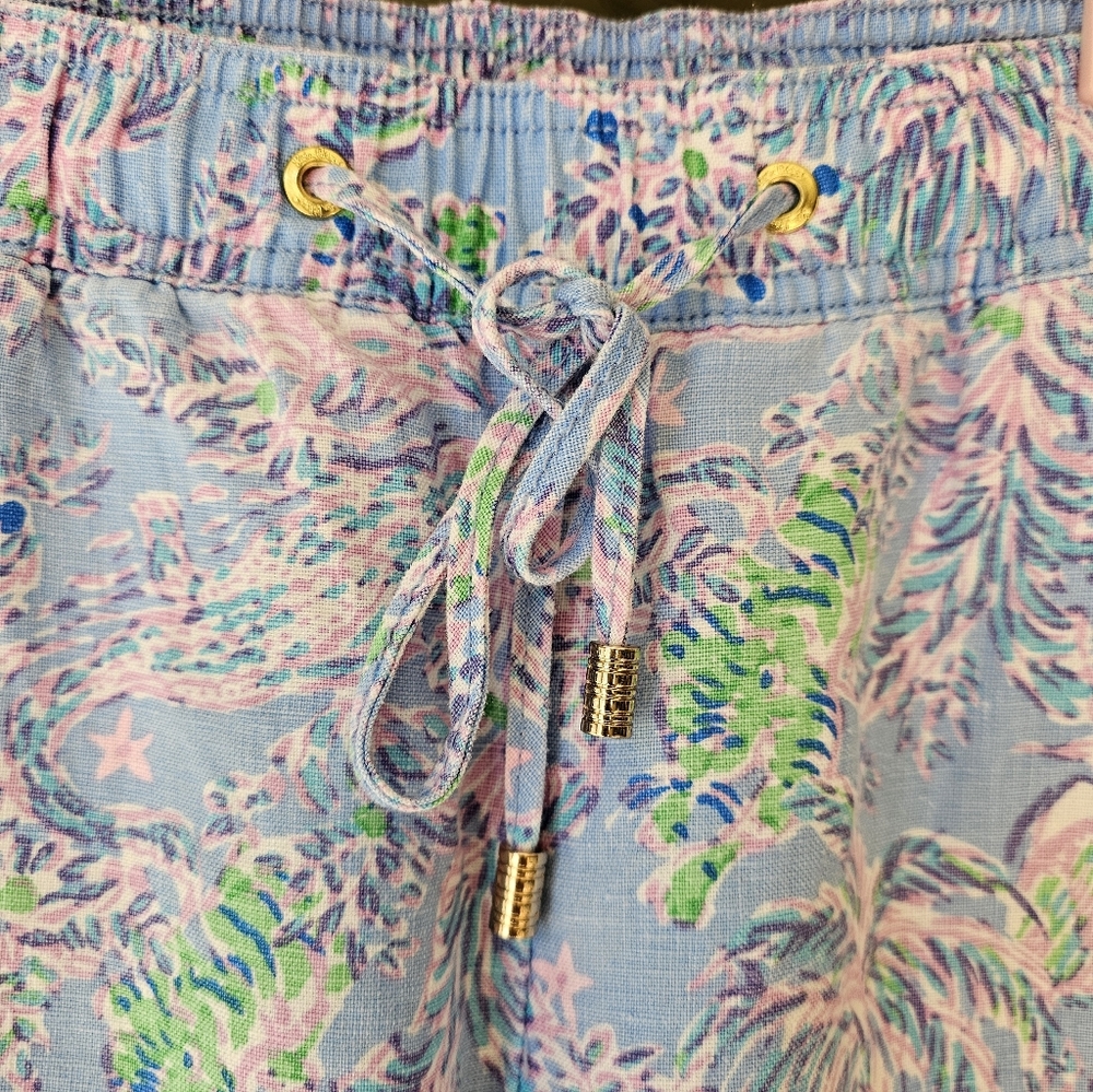 Lilly Pulitzer 100% Linen Floral Trouser Blue Peri Turtle Package Pants - Picture 4 of 12
